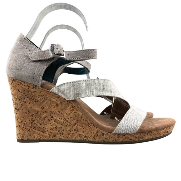 Toms Women's Size 9.5 Clarissa Grey Open Toe Ankle Strap Cork High Heel Wedges - Picture 1 of 14